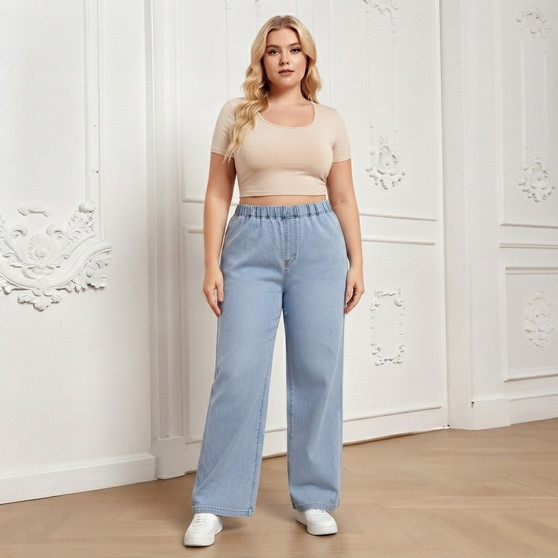 Plus Size Jeans Women Elastic Waist Light Blue Straight Leg Relaxed Denim Pants US Ready Stock