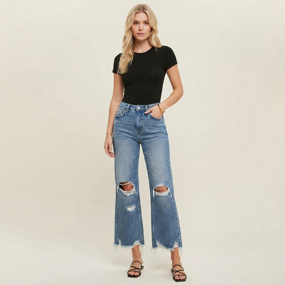 Ripped Wide Leg Jeans Women High Waist Distressed Raw Hem Cropped Denim Pants US Ready Stock
