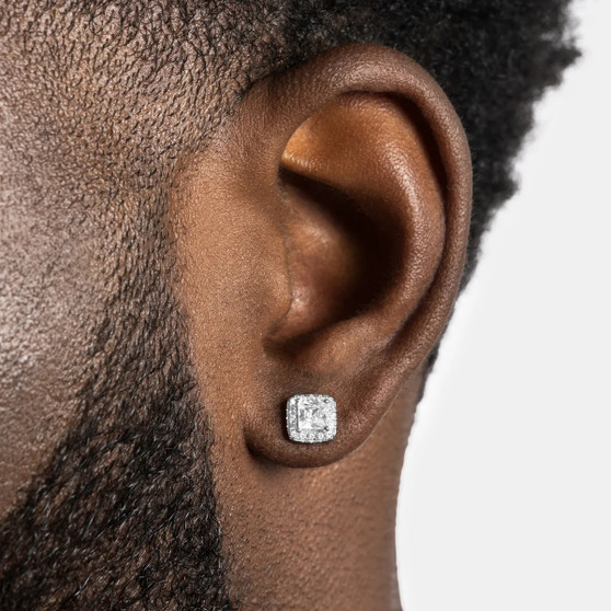 Luxury Cushion Cut Stud Earrings for Men and Women Silver Tone Iced Out Halo Diamond Style Hip Hop Jewelry