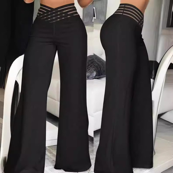 Women High Waist Flared Pants Office Casual Sheer Mesh Patch Crisscross Y2K Trousers Elegant Streetwear Work Pants Lady Clothes