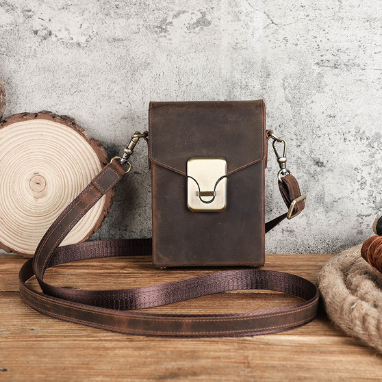 Vintage Handmade Crazy Horse Leather Crossbody Sling Phone Bag Case for Men Small Messenger Shoulder Phone Bag Leather