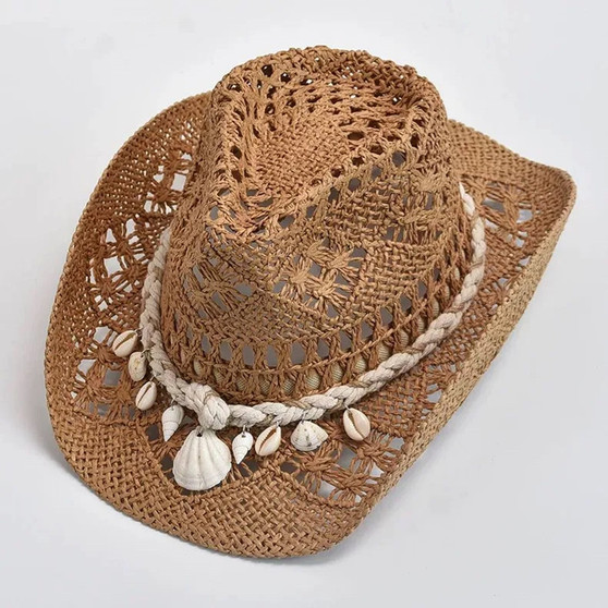 Summer Shell Beach Straw Hat Hand Woven Rope Unisex Bohemian Style Western Cowboy Hollow Holiday Sun Hat Panama Feminino