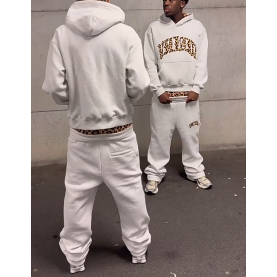2025 European and American New Trendy High Street Leopard Print Loose Hooded Sweatshirt Casual Stacking Sweatpants
