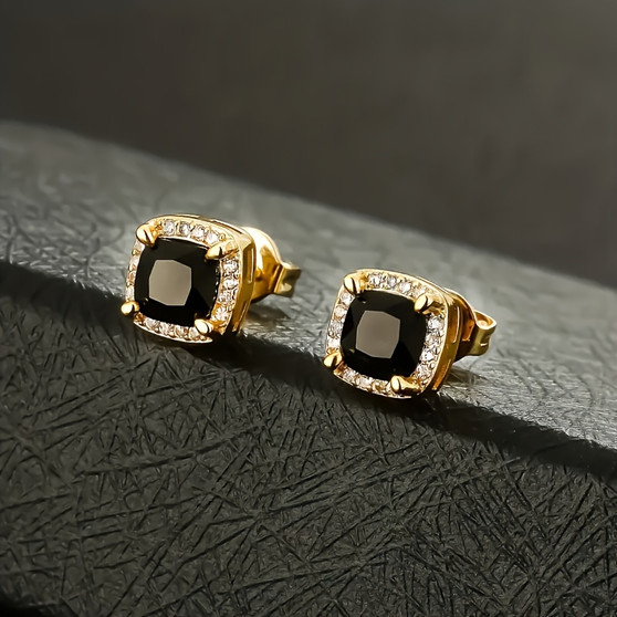 USA Stock Square Black Stud Rectangle 5A+ Cubic ZIRCON 14K Gold Plated Jewelry Aretes De Hombre CZ Diamond Earring for Men Women
