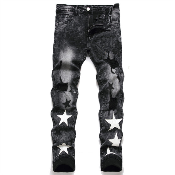 RTS Mens Designer Jeans Fashion Stretch Slim Straight Spring Summer Printed Jeans Mens Long Pants Black Skinny Jeans 1 Piece