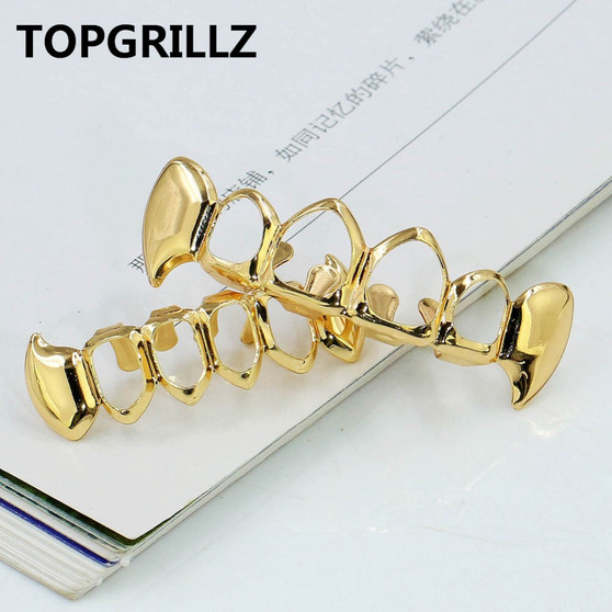 TOPGRILLZ  Gold Color Plated Hip Hop Teeth Grill Top & Bottom Grill Hip Hop Bling Hollow Vampire Teeth for Halloween