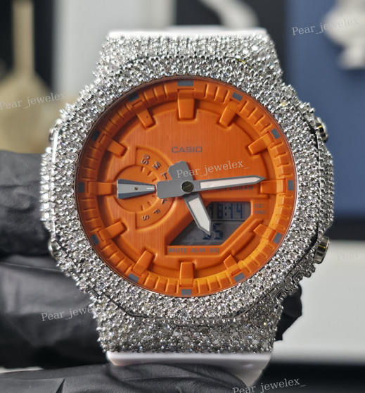 Hip Hop Luxury Men's Watch Orange Dial Round Case VVS Moissanite Bezel Analog-Digital Wrist Watch