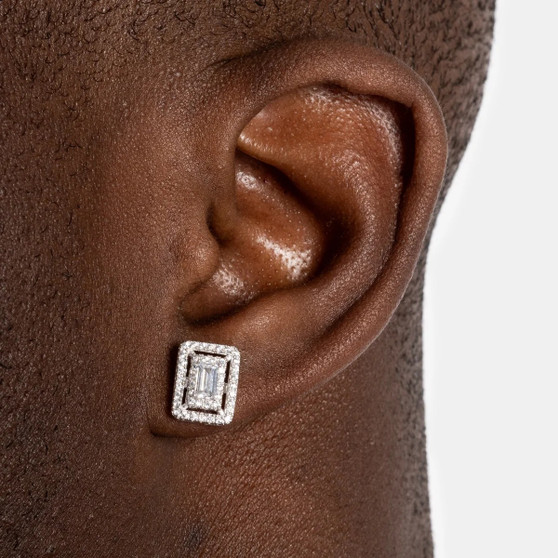 Luxury Emerald Cut Stud Earrings for Men and Women Silver Tone Iced Out Halo Diamond Style Hip Hop Jewelry