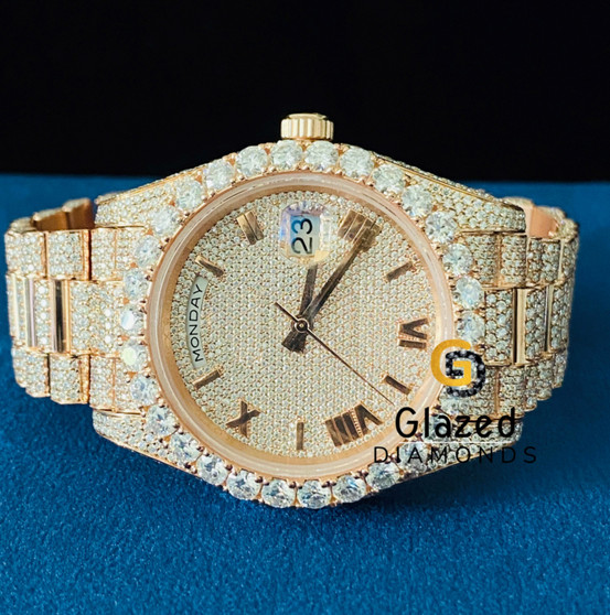 Pretty Roman Numerical Face Hip Hop Moissanite Watch For Men Enhanced With Round Brilliant Cut VVs Diamonds