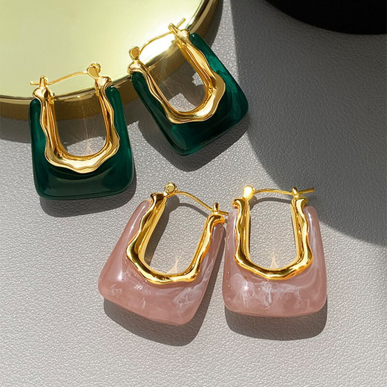 Green Pink Transparent Resin Earrings For Women Girls Geometric Irregular Stud Earrings 2023 New Trendy Ear Jewelry for Party B