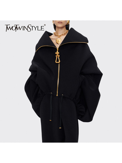 TWOTWINSTYLE Solid Loose Spliced Zipper Fashion Jackets for Women Lapel Long Sleeves Patchwork Lace Up Casual Jacket Female New