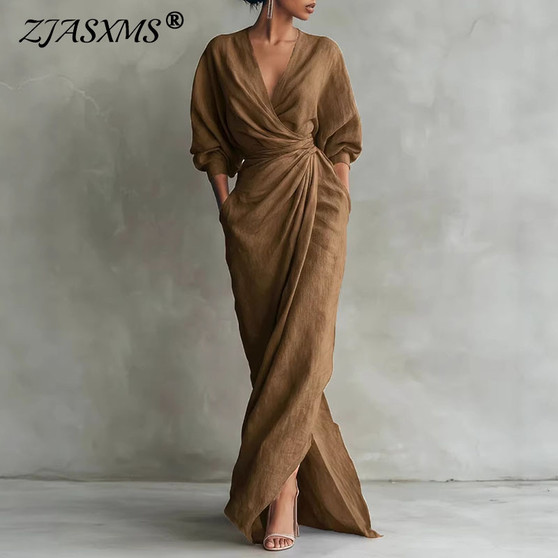 Women's Sexy V Neck Wrap Waist Long Dresses 2026 Spring Casual Solid Slim Bodycon Hips Dress Elegant Long Sleeve Slit Maxi Dress