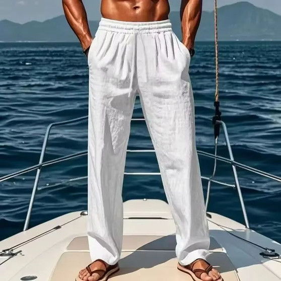 Spring and summer new men's solid-color cotton and linen casual long pants, Hawaiian beach loose sports and breathable street pa