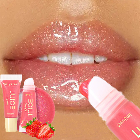 Glitter Plumping Lip Gloss Jelly Strawberry Moisturizer Fruit Lip Oil Transparent Fullness Lip Tint Gel Soft Tube Makeup LipCare