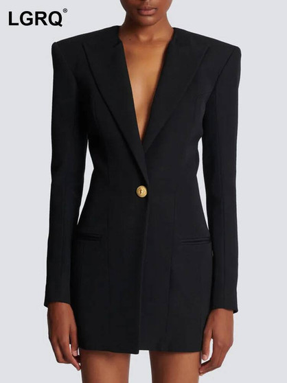 LGRQ 2026 Spring Fashion Women Clothes Notched Collar Full Sleeves Metal Single Button Slim High Waist Blazer Office Lady