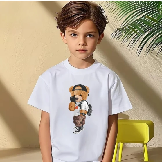 New 2026 Summer Fashion Children's Cool Bear Cartoon T-shirt Boys T Shirt Boys Clothes Print Cotton T Shirts Kids Clothes