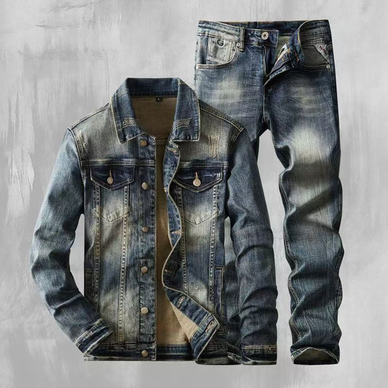 Spring Autumn New American Denim Coats Set Classic Simple and Versatile Washed Elastic Cowboy Jeans Clothes For Men