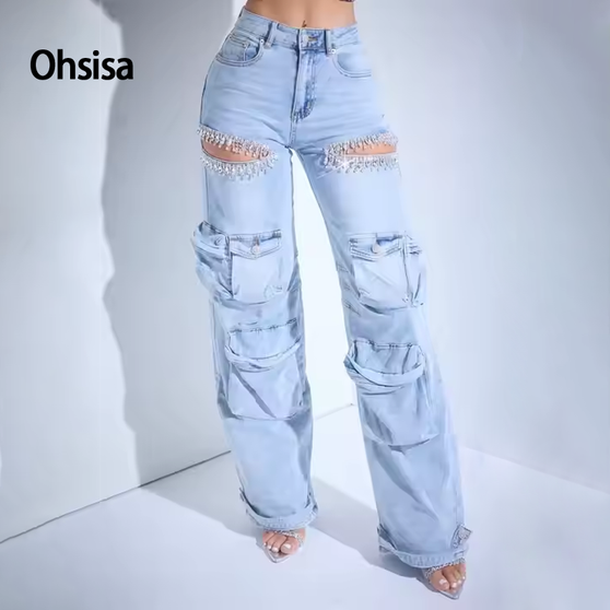 Ohsisa 2025 New Spring and Summer Jeans Fashionable Hollow Diamond Decoration Multi-pocket Stretch Cargo Jeans for Ladies