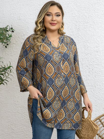【Plus-size】Lady's vacation-style blouse, half-open front, three-quarter sleeve top,with a cuff, positioning print, elegant