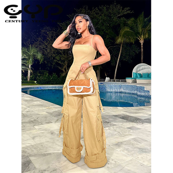 Women's Summer Sleeveless Jumpsuit with Wide Leg Multi-Pocket Strap Wrap Chest Design Breathable Casual Style for Parties