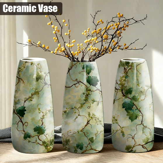1pc Ceramic Vase Hand Painted Green and Yellow Floral Pattern on White Background, Elegant and Beautiful for Modern Home Decor
