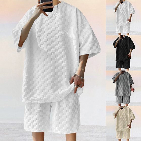 Men's Sports Suit Summer New High Street Jacquard Plaid T-shirt Shorts Two-piece Set Male Casual Retro Loose O-neck Top