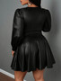 plus Size Leather Skirt for Women Deep V Neck Lantern Sleeve Waist Cinched A-Line Party Outfit Sexy Girl's Ensemble