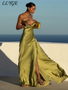 Elegant Satin Ribbon Backless Women's Long Dress Pleated V-neck Slit Beach Party Dresses 2026 Summer Lady Solid Evening Robes