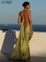 Elegant Satin Ribbon Backless Women's Long Dress Pleated V-neck Slit Beach Party Dresses 2026 Summer Lady Solid Evening Robes