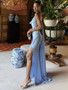 Elegant Satin Ribbon Backless Women's Long Dress Pleated V-neck Slit Beach Party Dresses 2026 Summer Lady Solid Evening Robes