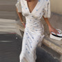 Elegant Satin Ribbon Backless Women's Long Dress Pleated V-neck Slit Beach Party Dresses 2026 Summer Lady Solid Evening Robes