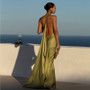 Elegant Satin Ribbon Backless Women's Long Dress Pleated V-neck Slit Beach Party Dresses 2026 Summer Lady Solid Evening Robes