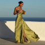 Elegant Satin Ribbon Backless Women's Long Dress Pleated V-neck Slit Beach Party Dresses 2026 Summer Lady Solid Evening Robes