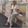 Elegant Satin Ribbon Backless Women's Long Dress Pleated V-neck Slit Beach Party Dresses 2026 Summer Lady Solid Evening Robes