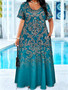 Plus Size Teal Baroque Floral Print Maxi Dress Summer Casual Short Sleeve Scoop Neck Loose Long Sundress With Pocket