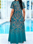 Plus Size Teal Baroque Floral Print Maxi Dress Summer Casual Short Sleeve Scoop Neck Loose Long Sundress With Pocket