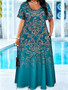 Plus Size Teal Baroque Floral Print Maxi Dress Summer Casual Short Sleeve Scoop Neck Loose Long Sundress With Pocket