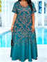 Plus Size Teal Baroque Floral Print Maxi Dress Summer Casual Short Sleeve Scoop Neck Loose Long Sundress With Pocket