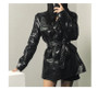 Lautaro Spring Autumn Shiny Black White Crocodile Texture Leather Cargo Jacket Women Many Pockets Long Sleeve Belt Loose Fashion