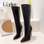 Liyke Autumn Winter Zip Knee High Boots Women Sexy Pointed Toe Snake Print Stiletto Heels Party Nachtclub Stripper Shoes Pumps