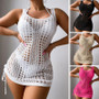 Women Knit Bathing Suit  Solid Color U-Collar Sleeveless  Dress Knitted Binding Rope Sunscreen Smock