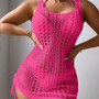 Women Knit Bathing Suit  Solid Color U-Collar Sleeveless  Dress Knitted Binding Rope Sunscreen Smock