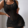 Women Knit Bathing Suit  Solid Color U-Collar Sleeveless  Dress Knitted Binding Rope Sunscreen Smock