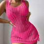 Women Knit Bathing Suit  Solid Color U-Collar Sleeveless  Dress Knitted Binding Rope Sunscreen Smock