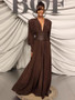 OUDINA Stylish New Coffee Color V-neck Long Sleeve Pleated Women's Clothing Maxi Dresses Elegant Casual Women Dress