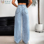 Women's Ripped Boyfriend JEANS Straight Wide-Leg Denim Pants Stretch Holes Denim Trousers Pocket Comfortable High Waist Pants