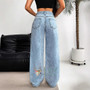 Women's Ripped Boyfriend JEANS Straight Wide-Leg Denim Pants Stretch Holes Denim Trousers Pocket Comfortable High Waist Pants