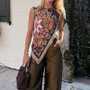 2025 Women Sleeveless Tassel Patchwork Blouse Casual O Neck Spring Autumn Vintage Top Ladies Elegant Retro Printing Shirt Blusas
