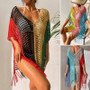 Knitted Contrast Tassel Bikini Summer Beach Cover Up Sexy Hollow Out Women V Neck Loose Beachwear Sunscreen Smock