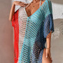 Knitted Contrast Tassel Bikini Summer Beach Cover Up Sexy Hollow Out Women V Neck Loose Beachwear Sunscreen Smock